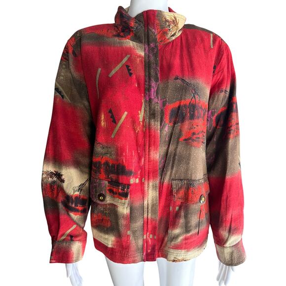 Vintage Oleg Cassini Safari Jacket Giraffe Palm Tree Desert Sunset Women Medium - Picture 1 of 6